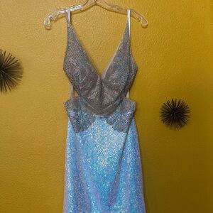 Jovani Silver and Blue Backless Dress